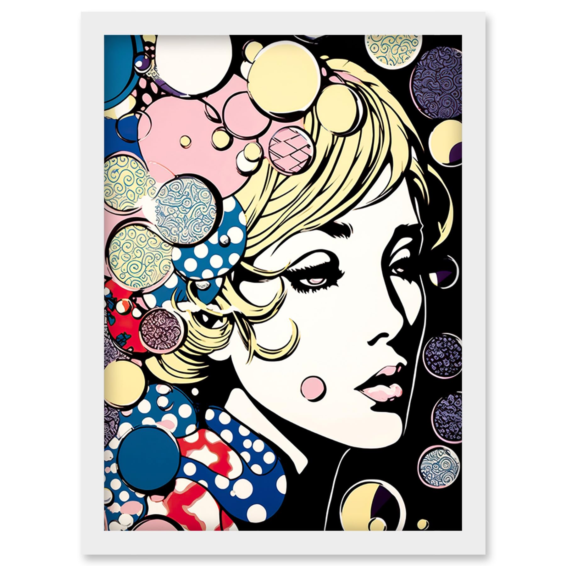 Artery8 Modern Woman Blonde Portrait Pop Art Bubbles Patterns Colourful Comic Book Halftone Artwork Framed Wall Art Print A4