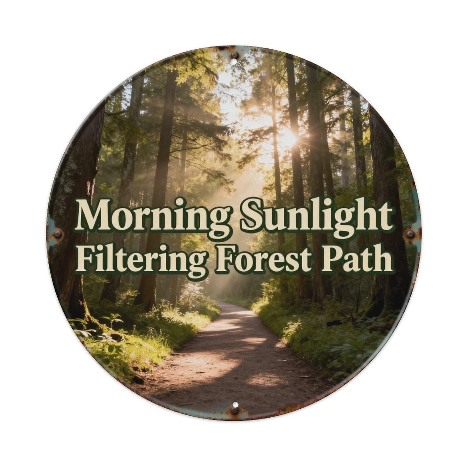 Morning Sunlight Filtering Forest Path Metal Tin Sign Plaque