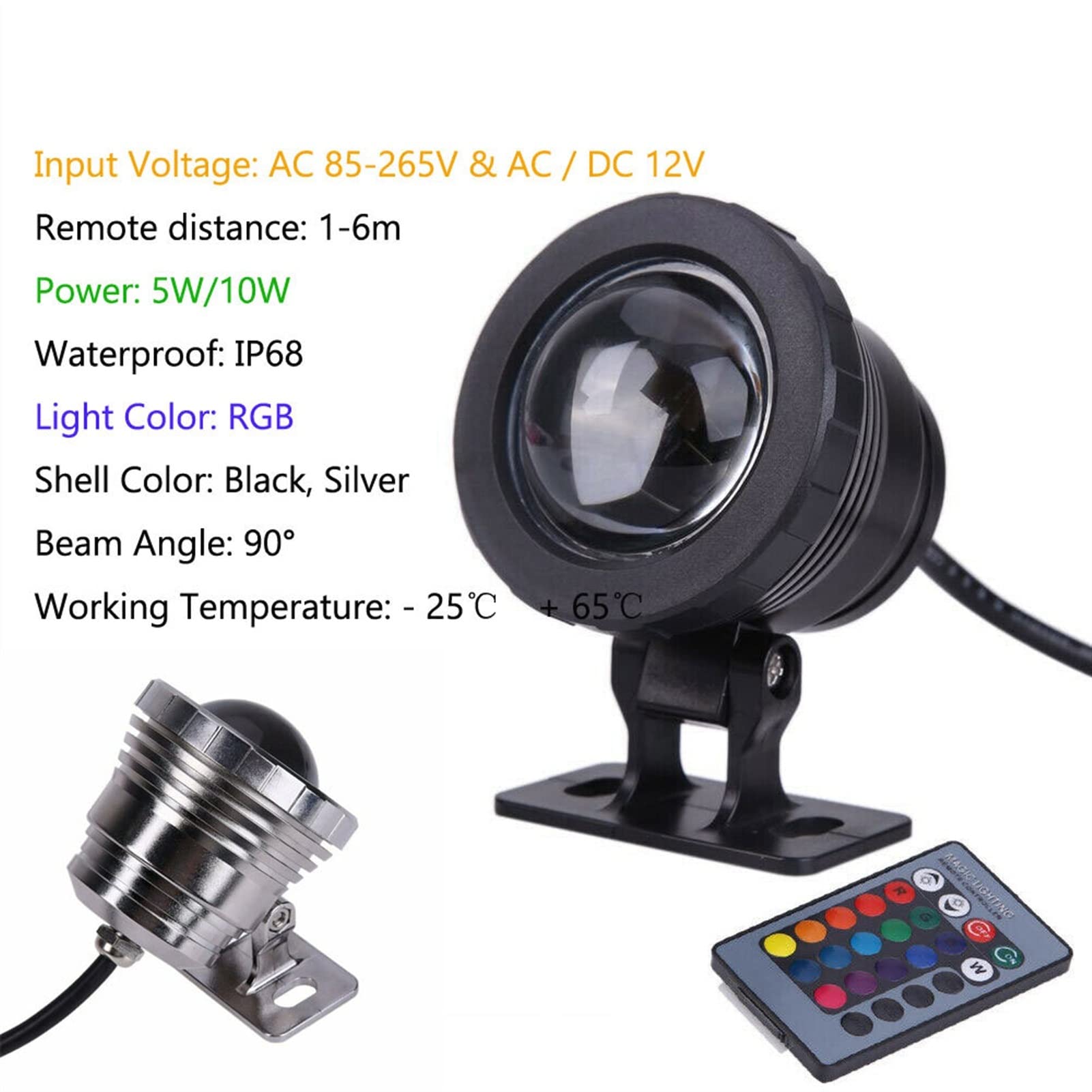 Luz para Piscina 1 0W / 15W Impermeable RGB LED Submarino SPOT LIGHT SIGRYSIBLE GARDING PAND FOUNTIN FOUNTIN DE LÁMPARA CONTROLADA REMOTADA 24KEY for ACUARIO DE PISCINA Luces Sumergibles ( Color : Sil