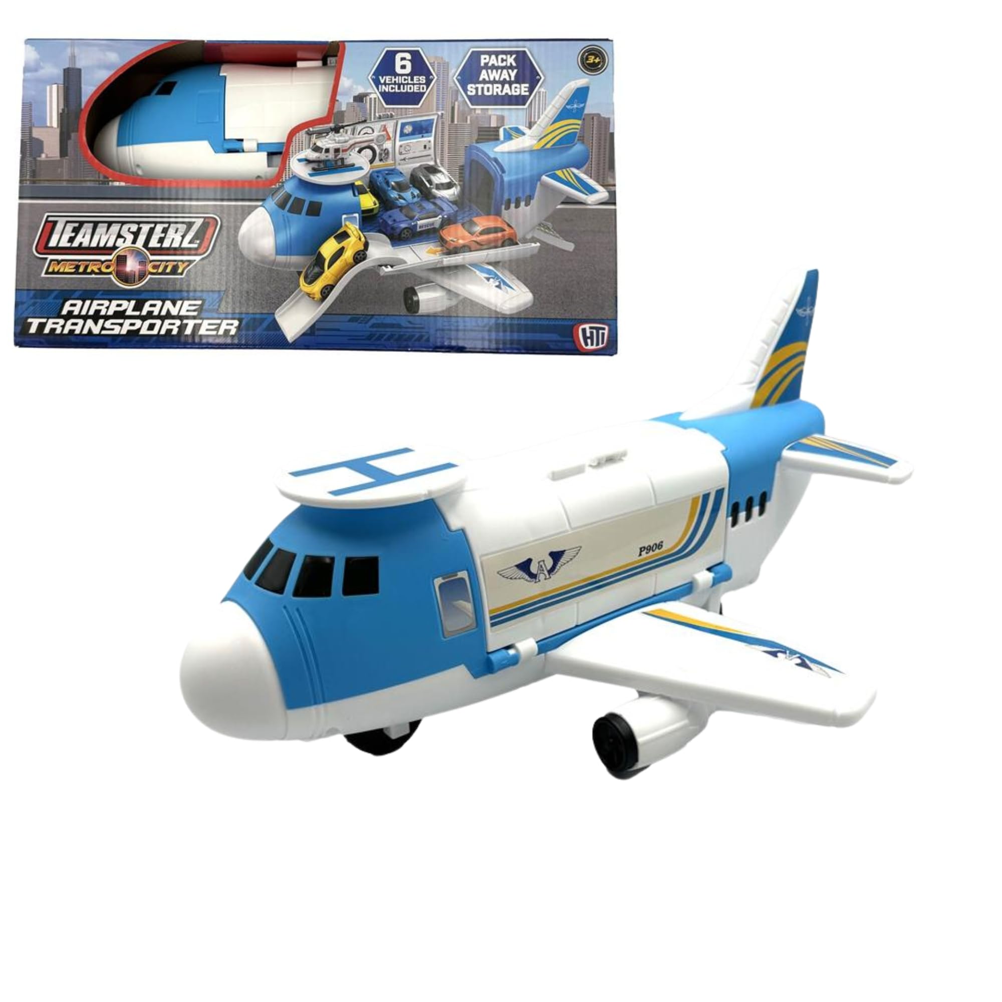 Teamsterz Metro City Aeroplane Transporter Playset, Blue and White, H15.5cm x W9.5cm x D35.5cm
