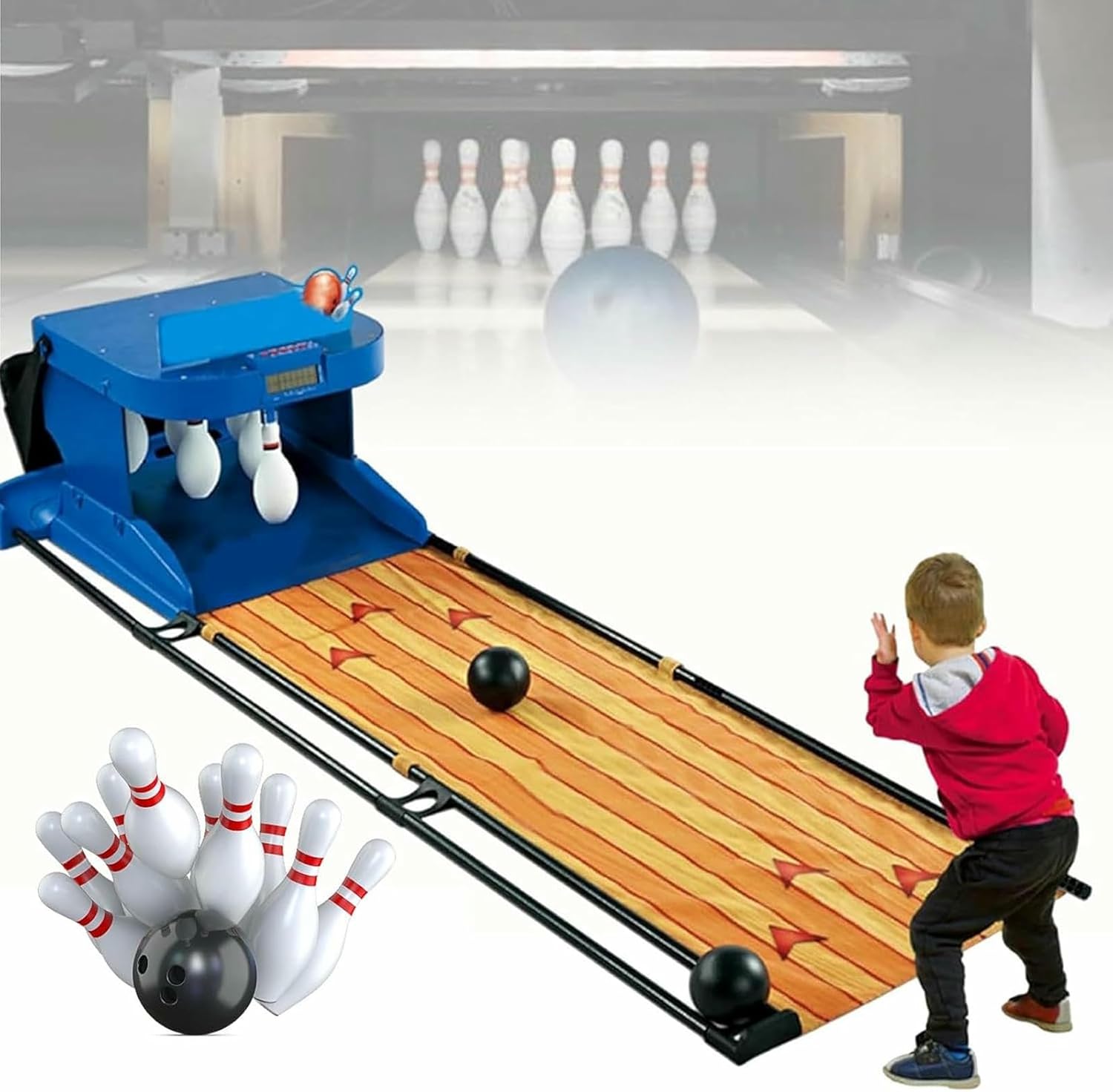 Electronic Bowling Alley Game with Automatic Reset, Indoor Bowling Ball Sports Game Console with LED Electronic Scoreboard, Lighting, Simulation Sound Effect