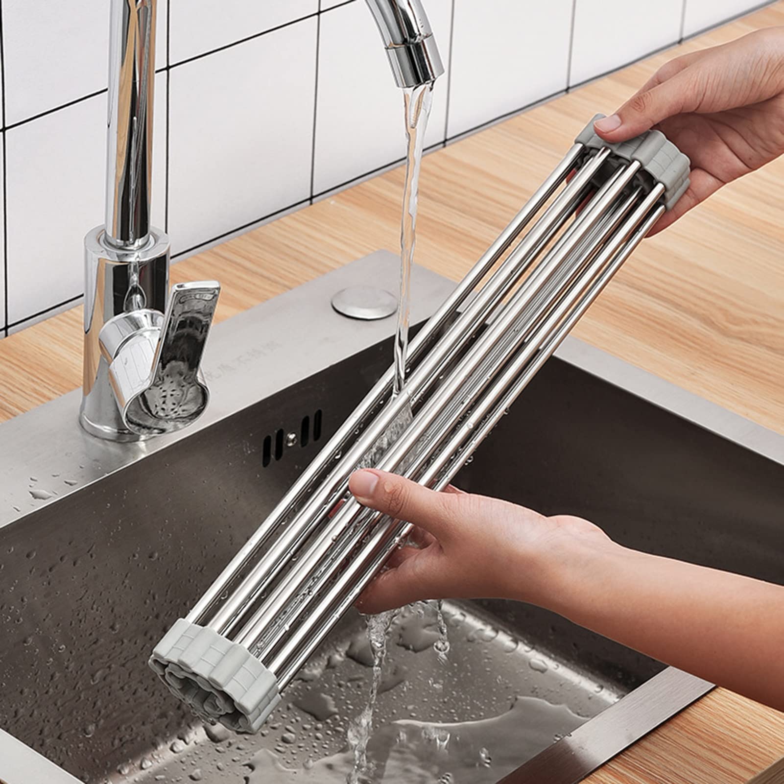 Escurridor de platos de silicona ajustable para frutas y verduras, colador de fregadero (52,5 x 40,5 cm), ahorra espacio, fácil de limpiar, duradero y versátil