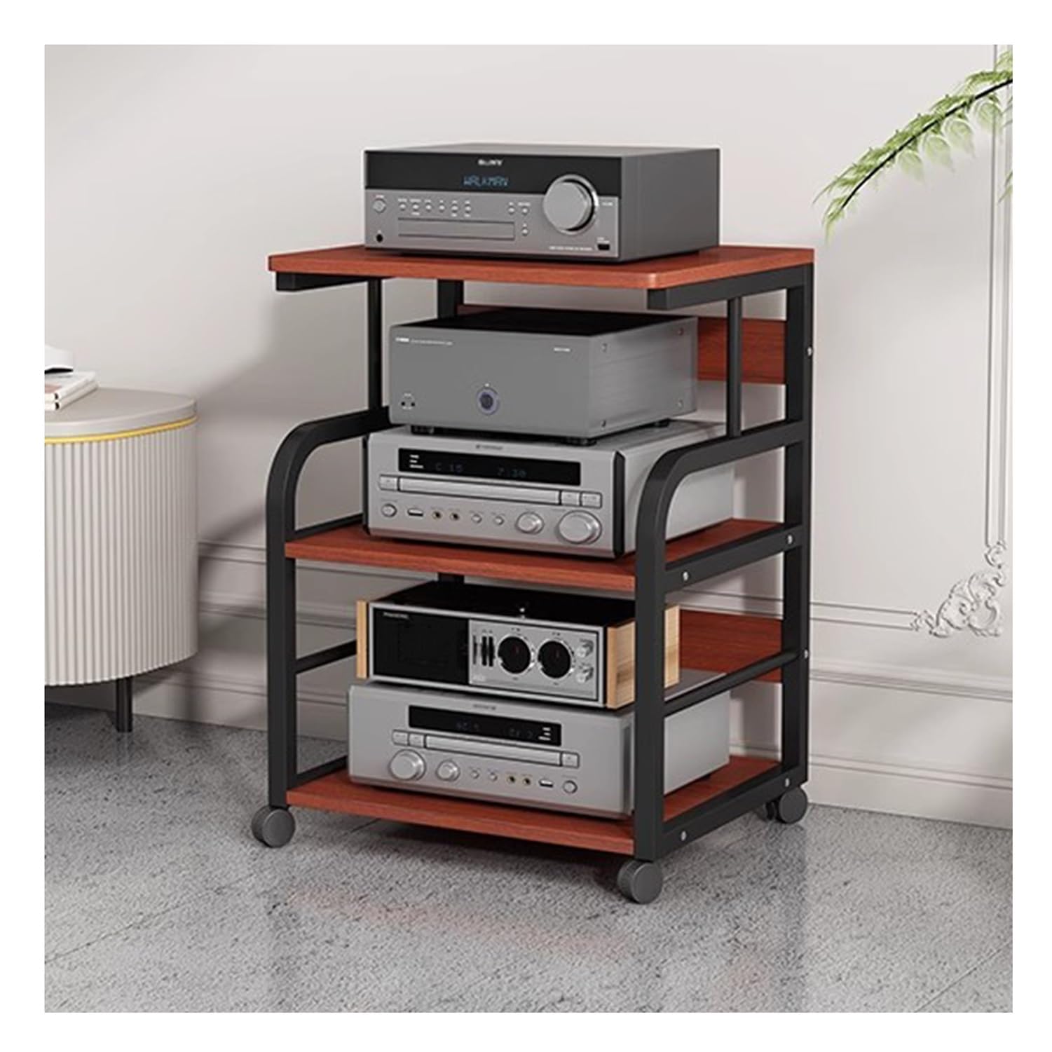 Stojak na sprzęt audio z 3 poziomami, stojak na sprzęt HiFi z kółkami i drewnianymi półkami, ruchoma wieża pod sprzęt audio-wideo do systemów stereo i kin domowych (naturalny) (kolor tekowy 50x40