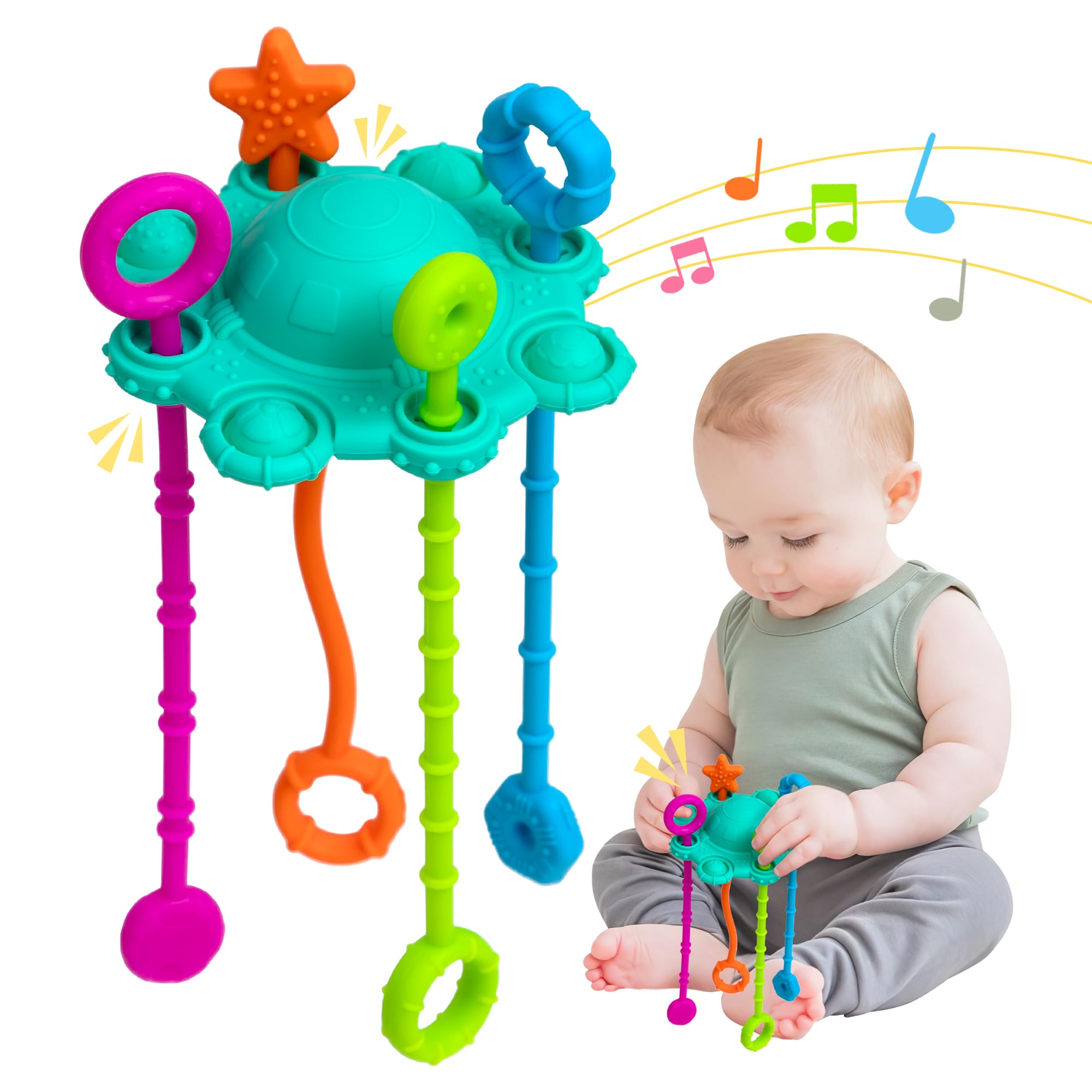 ETETOO Montesorri-Toys - Montessori Pull String Toy - Made of 100% Food Grade Silicone with Built-in Rattle Function and Easy to Clean Design (