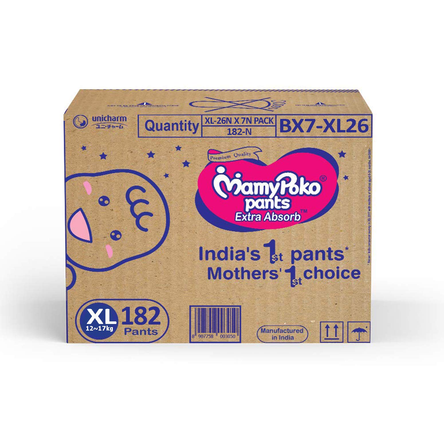 Mamypoko Jumbo Pack, Diaper Pants Standard Style, Size Extra Large, 12-17 Kg (182 Counts)