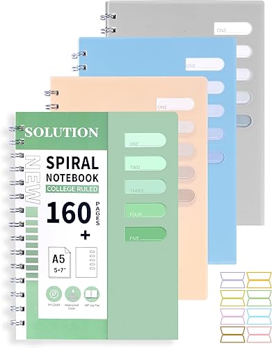 Yoment Paquete de 4 cuadernos en espiral A5, cuaderno encuadernado en espiral de tapa dura de 5.7 x 8.25, 160 páginas con rayas universitarias, para