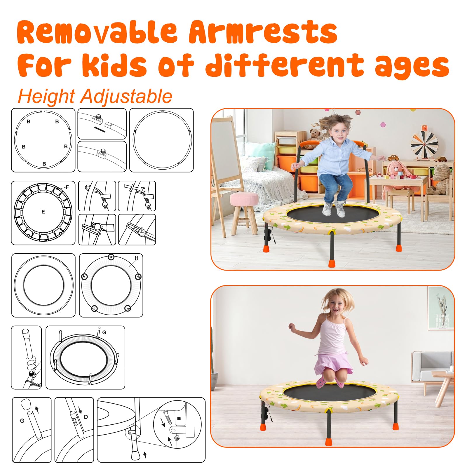 Trampolin Kinder Indoor Outdoor Mini Kindertrampolin mit Verstellbarer Haltegriff Gepolsterter Sicherheitsabdeckung, Trampolin Klein für ab 3 Jahre