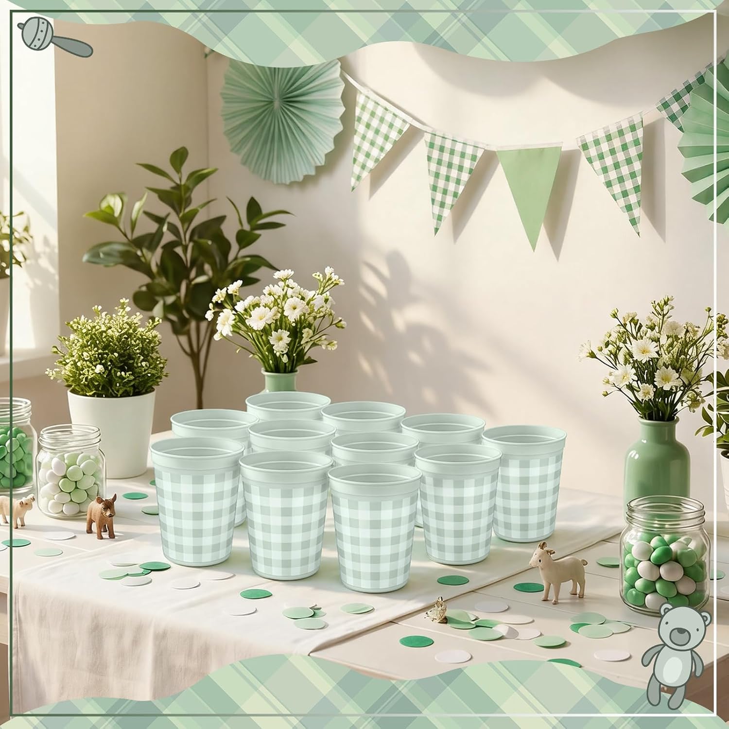 Bokon 24 Pcs 16oz Sage Green Gingham Reusable Plastic Cups Sage Green Baby Shower Decoration Party Supplies Plaid Checkered Reusable Cup Washable Drinkware Bulk for Birthday Wedding Bridal Shower image 5