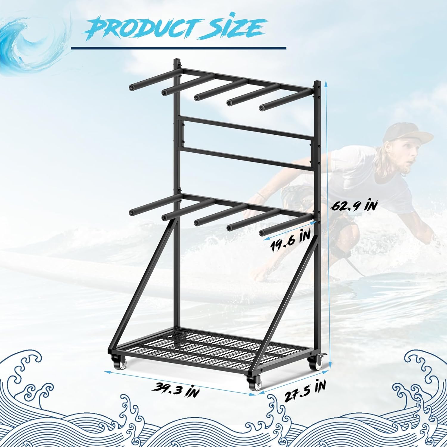 Surfboard Rack for 4 Boards,Heavy Duty Two-Tier Design Indoor Display Stand with Wheels for Shortboard and Longboard Organizer,Vertical Storage Paddleboard Wakeboard Holder/Metal