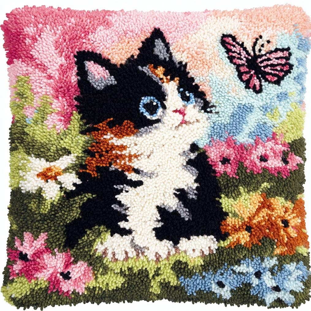 AxiangziK Latch Hook Pillow Kit 17x17in,Cats and Butterflies