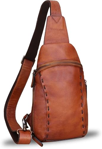 Genuine Leather Sling Bags Hiking Backpacks Fanny Pack Vintage Handmade Crossbody Chest Daypack Shoulder Bag, Brown, Medium, Hiking