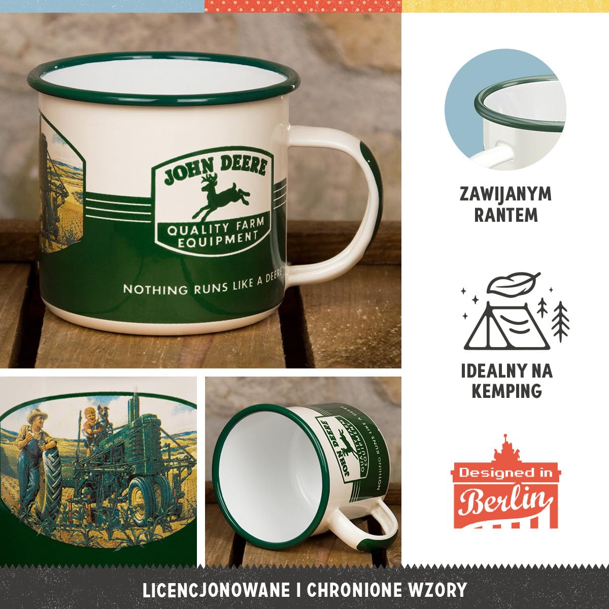 Nostalgic-Art Retro kubek emaliowany, 360 ml, John Deere – Quality Farm Equipment – Pomysł na prezent dla miłośników traktorów, Official License Product (OLP), kubek kempingowy na kawę, Styl vintage