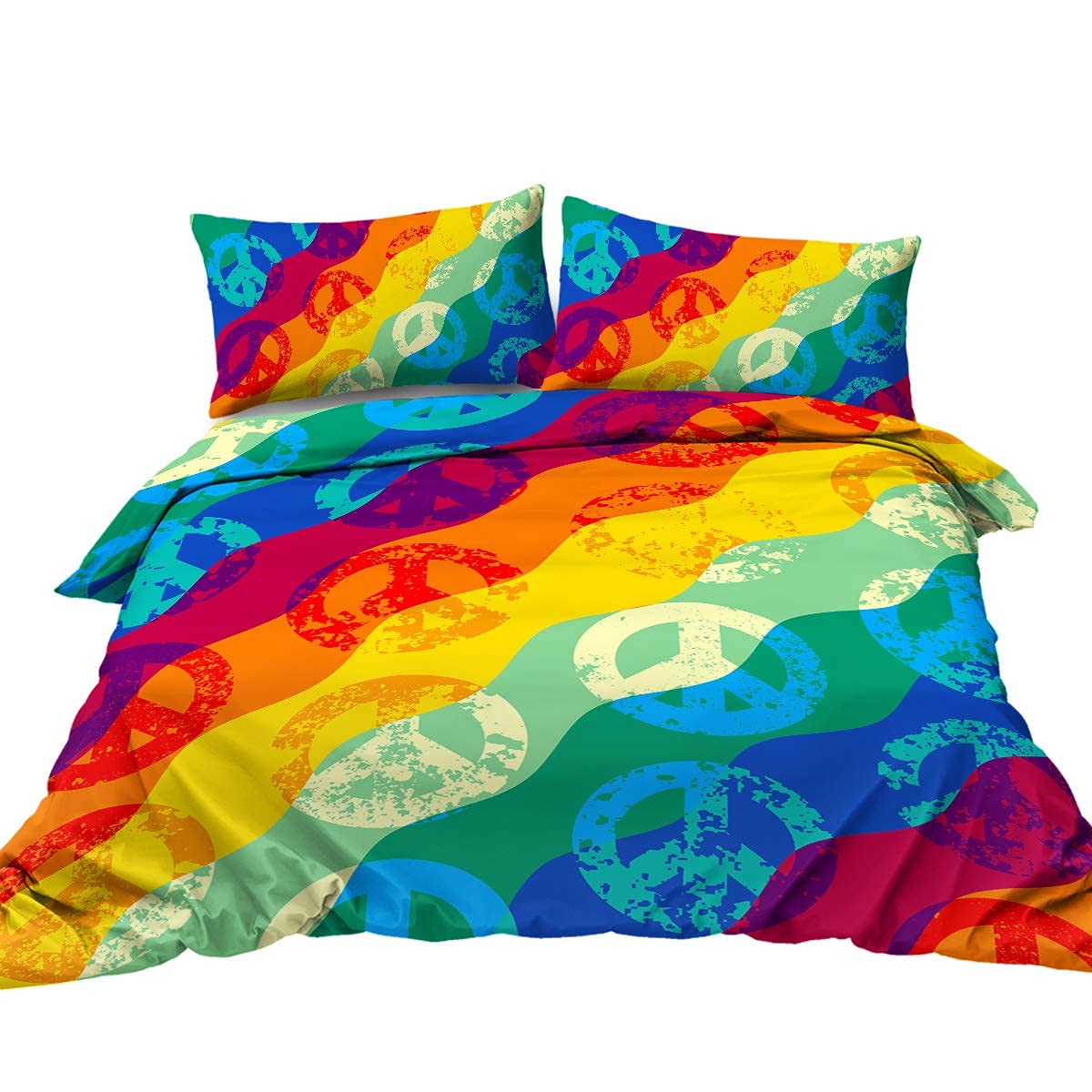 BlessLiving Rainbow Bedding Tie Dye Striped Bedspreads 3 Piece Groovy Hippie Peace Signs Duvet Cover Colorful Teen Girl Bed Set (Double)