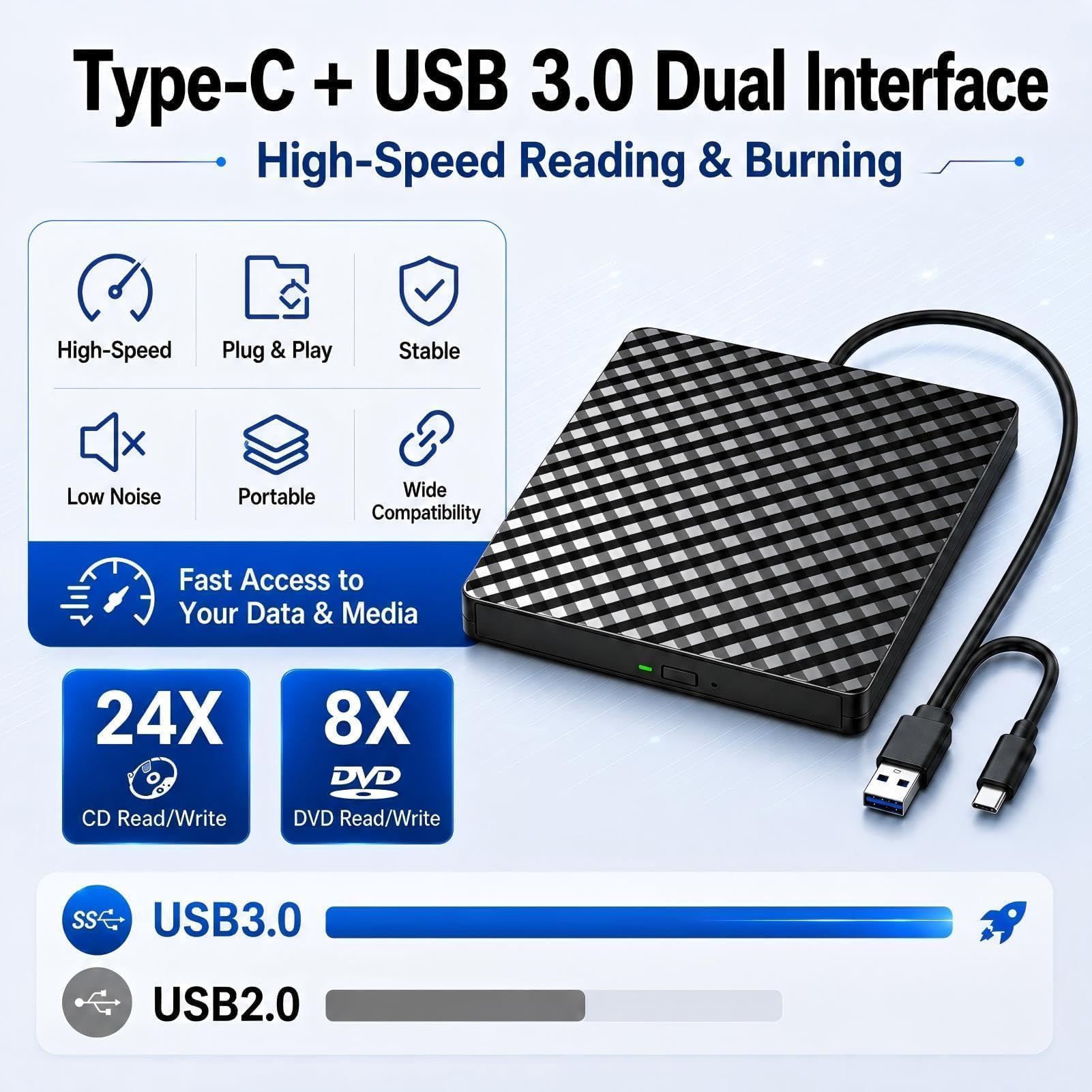 Lecteur CD DVD Externe pour PC, USB 3.0 et USB-C Graveur DVD Externe,Plug and Play CD/DVD +/-RW Drive, Mince DVD Player,Haute Vitesse 5Gbps pour MacBook Windows 11/10/8/7/XP Linux OS