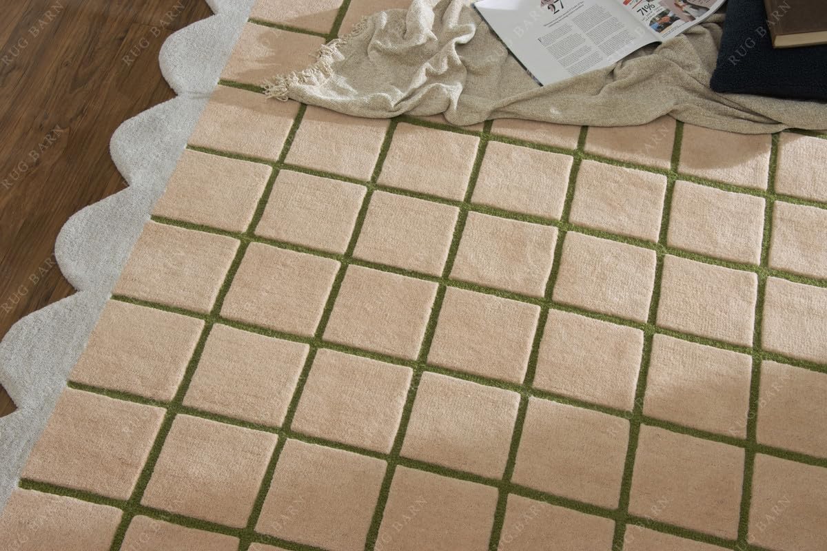 Hand-Tufted Wool Runner Rug - 2.5x9 Ft, Beige &amp; Blush Windowpane Grid with Olive Green Lines &amp; Light Lavender Scalloped Border, Soft High-Low Pile Carpet for Living Room, Bedroom &amp; Nursery