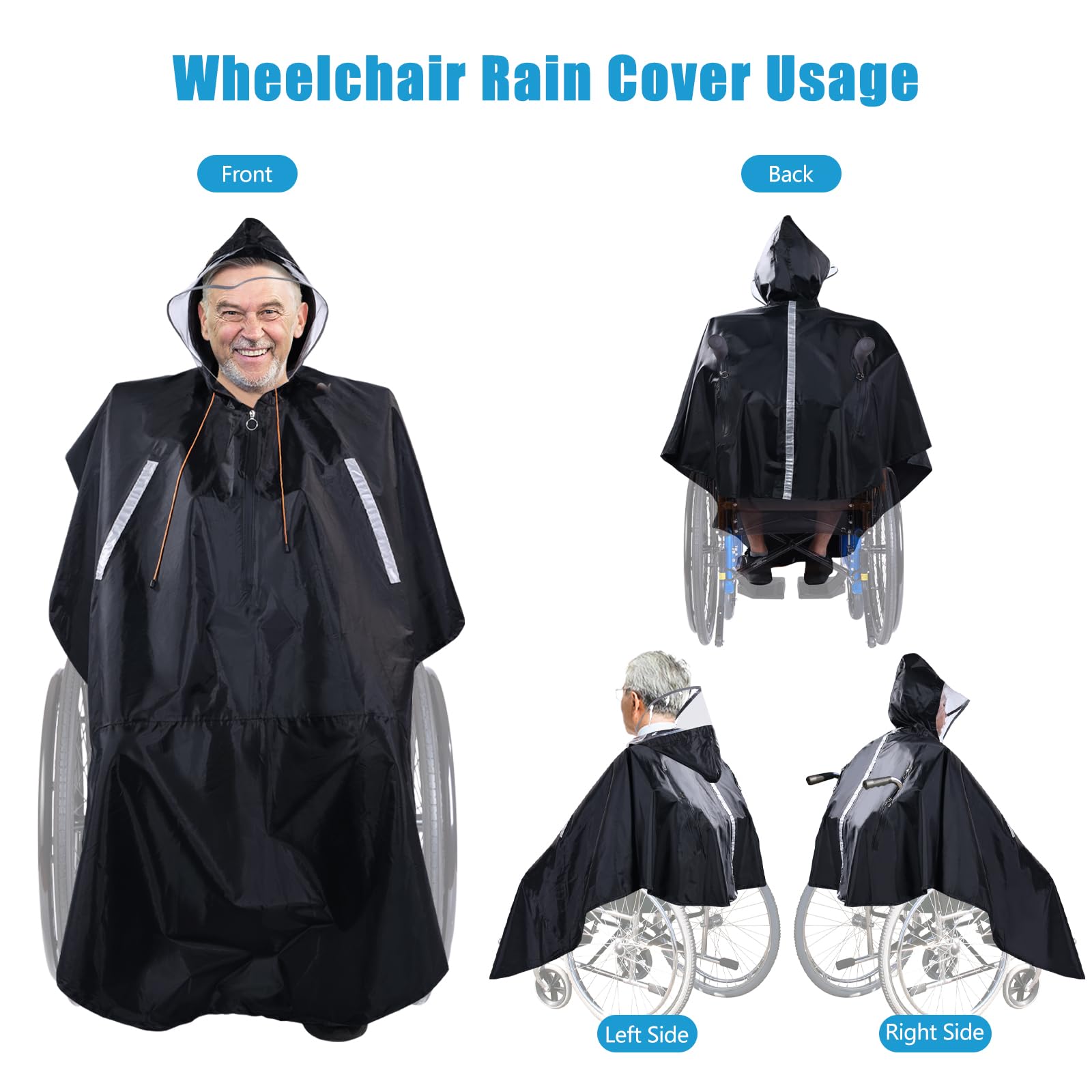 Funda Poncho Lluvia para Silla de Ruedas con Capucha Semitransparente, Chubasquero Silla de Ruedas con cremallera impermeable y tiras reflectantes, Wheelchair Raincoat para andador movilidad y scooter