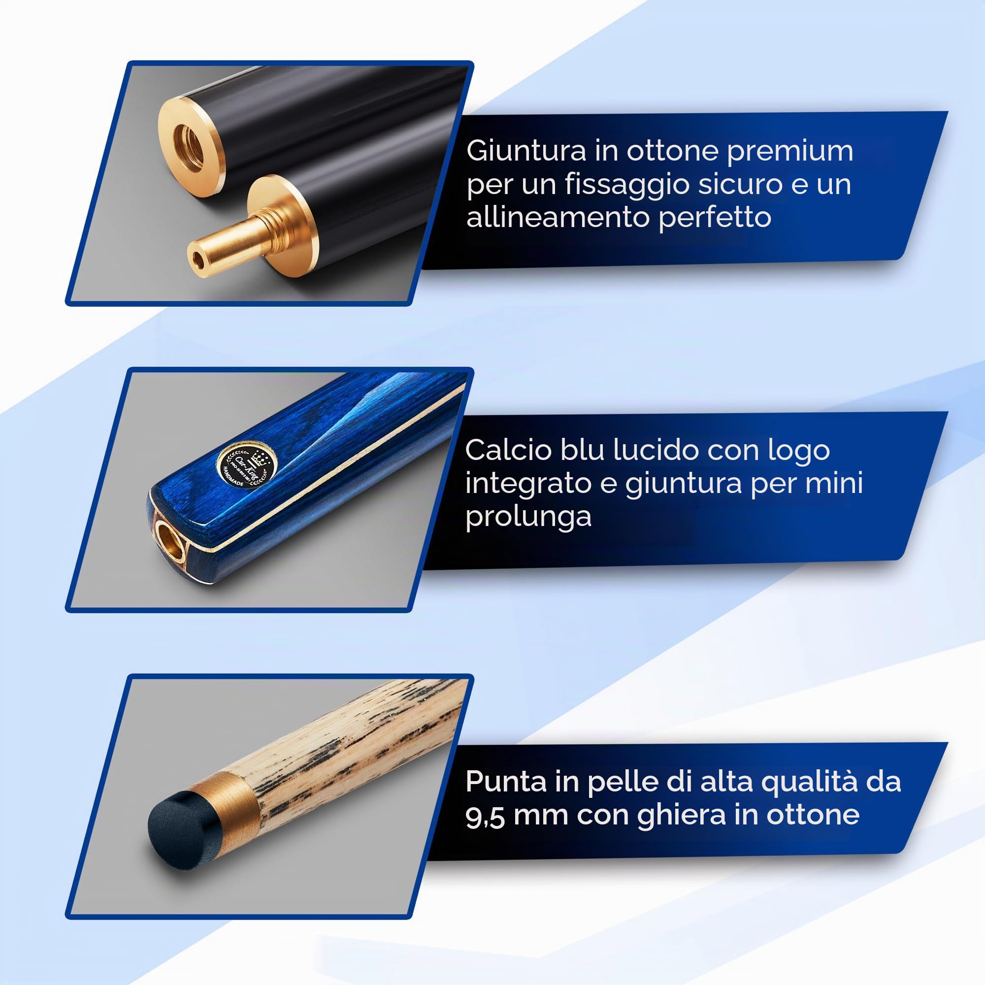Cue-King PRO Series 001 Stecca da Biliardo, Stecca da Biliardo, Fatta a Mano 57" 19 Once 3/4 snodata con Custodia Stecca Blu con Custodia Rigida Protettiva, Estensione e Asciugamano in Microfibra