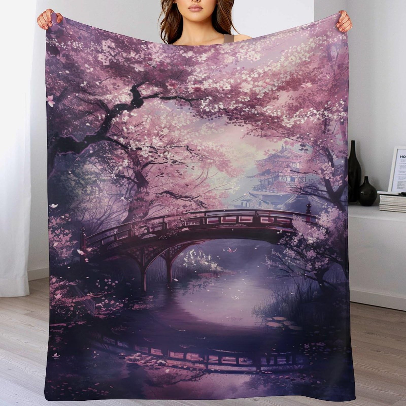 Couverture cerisier art japonais en flannel douce pour lit enfant
