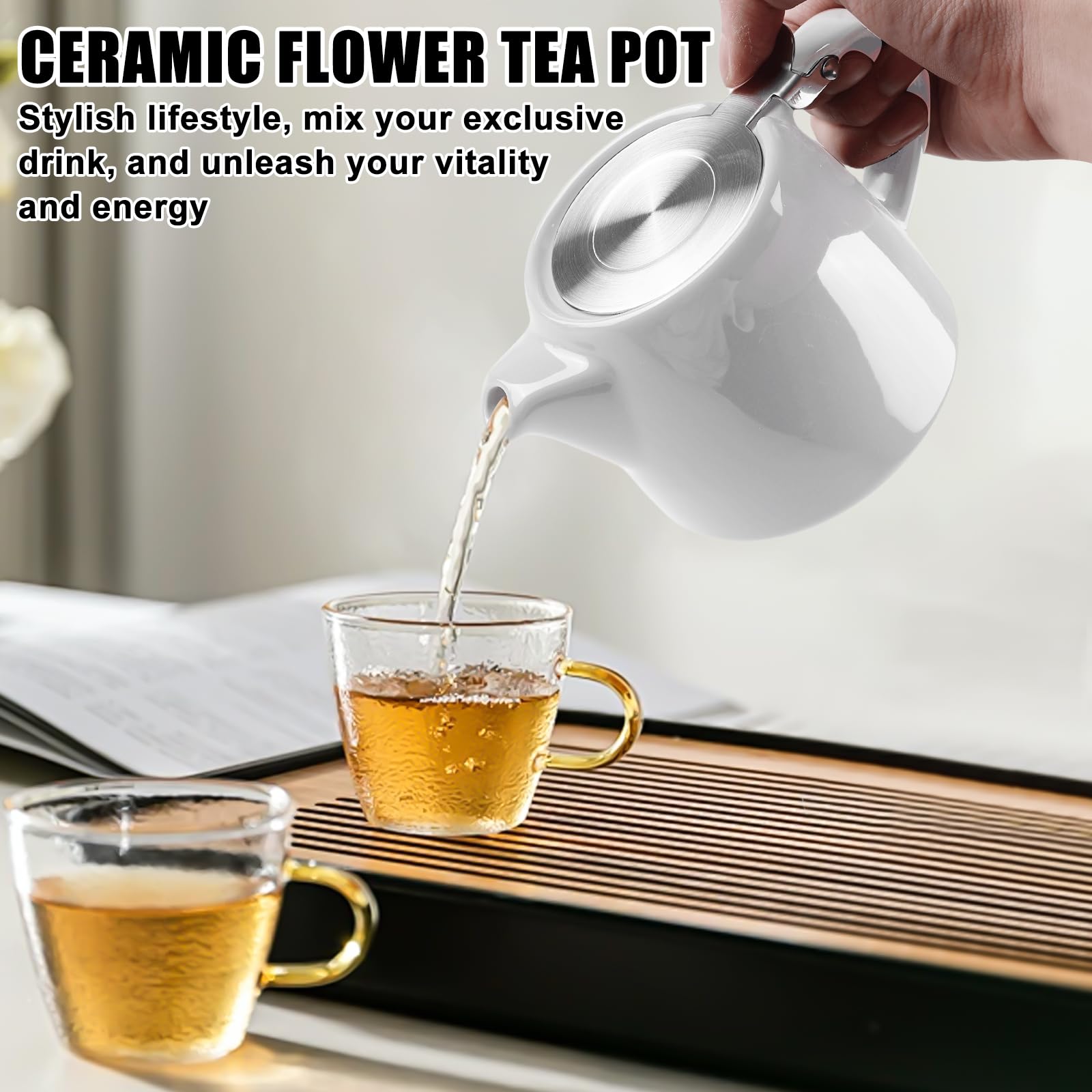 GAOUTO Theepot met zeef, 500 ml, isolerende keramische theepot met uitneembare roestvrijstalen theezeef, roestvrij staal, fijnmazige infuser, wit