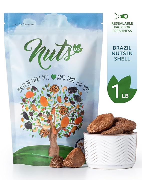 NUTS U.S. Brazil Nuts In Shell | No Added Colors and No Artificial Flavors | Non-GMO and Natural | Fresh Buttery Taste and Raw | Pasteurized and Polished Brazil Nuts Packed In Resealable Bags (1 LB)