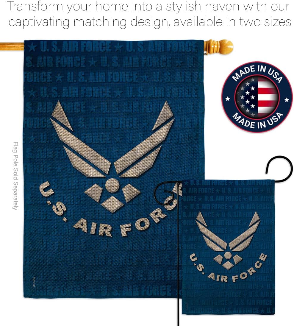 US Air Force Burlap Garden Flag - Set with Stand Armed Forces USAF United State American Military Veteran Retire Official - House Decoration Banner Small Yard Gift Double-Sided Imported 13 X 18.5