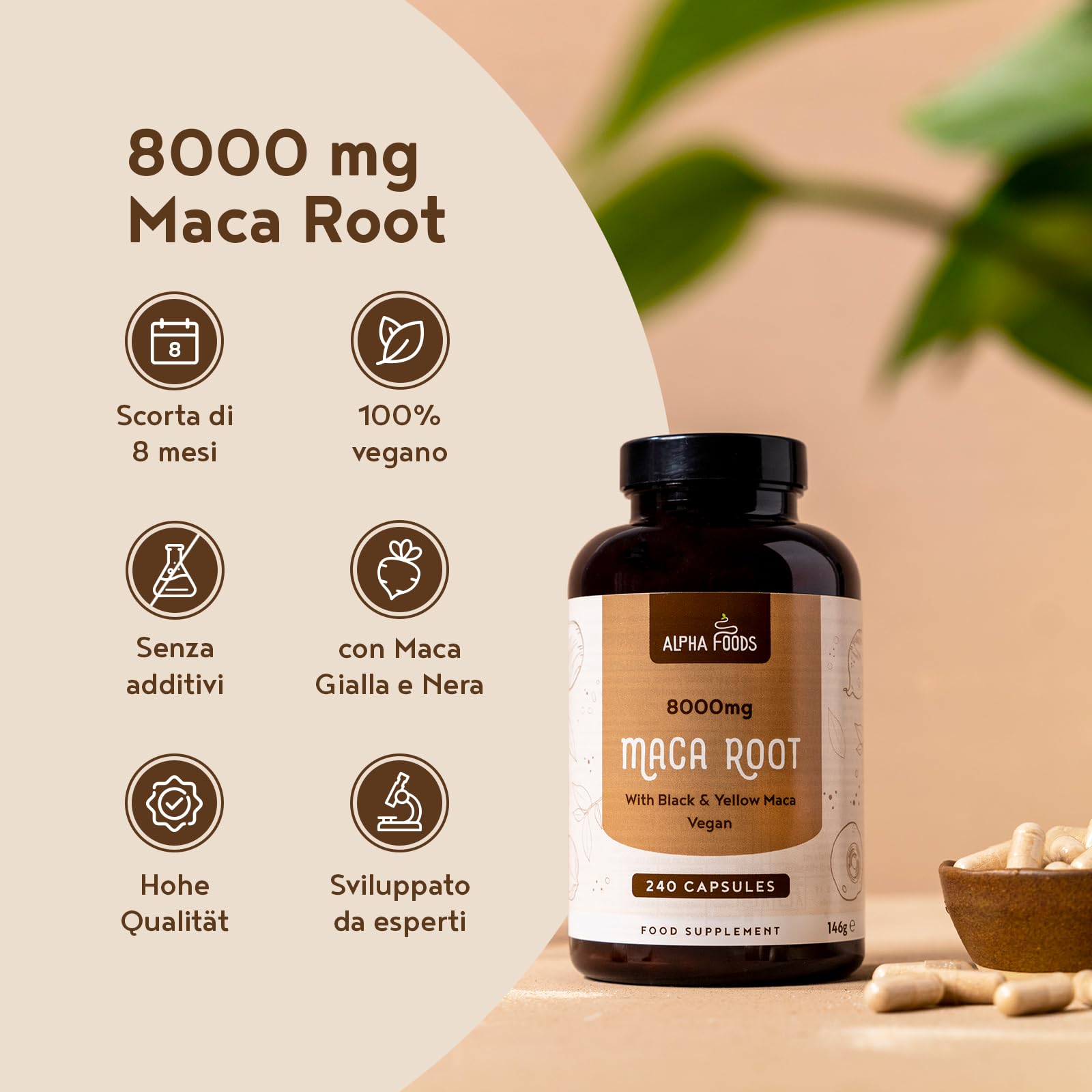 Maca Peruviana Nera Extra Forte | 8000mg per Capsula di Estratto di Maca Gialla + Black/Nera | Equilibrio Ormonale | 240 Capsule Vegane Alto Dosaggio | Alpha Foods