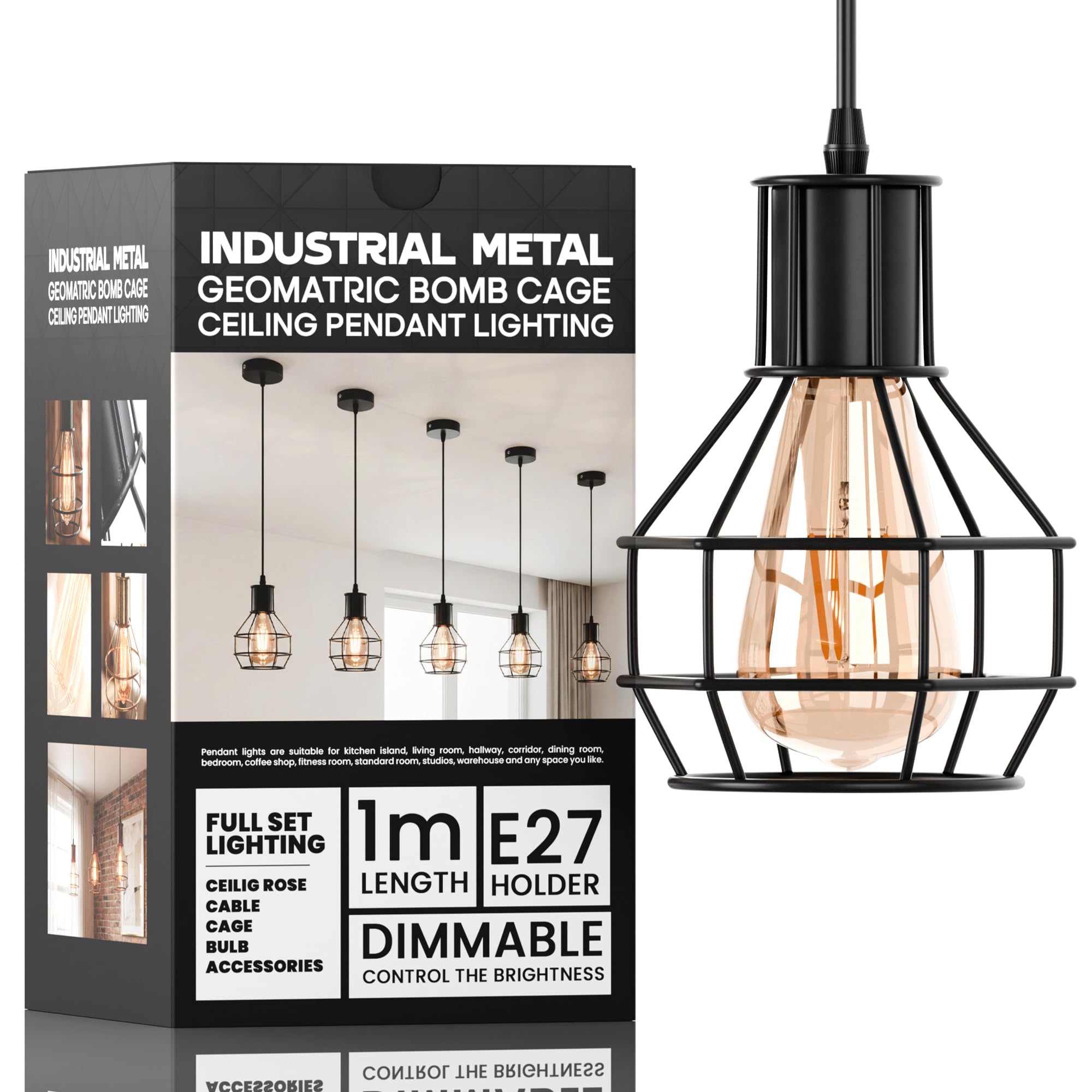 DC VOLTAGE Black Wire Basket Cage Pendant Light E27 with Bulb, 90cm Adjustable Ceiling Lantern, Industrial Metal Hanging Lamp for Kitchen Dining Room โ image 1