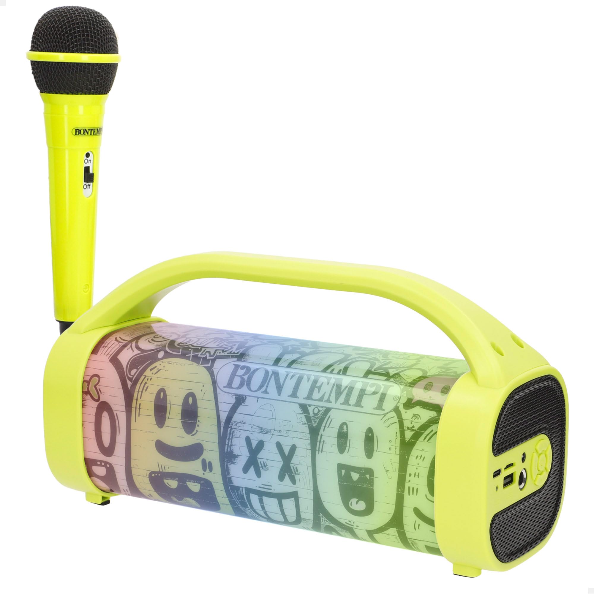 ColorBaby Bontempi bezprzewodowy głośnik karaoke, mocny, 1 mikrofon, światła RGB, radio, dwa głośniki na raz, przyciągające wzrok kolory, akumulator, kabel USB typu C w zestawie (39226)