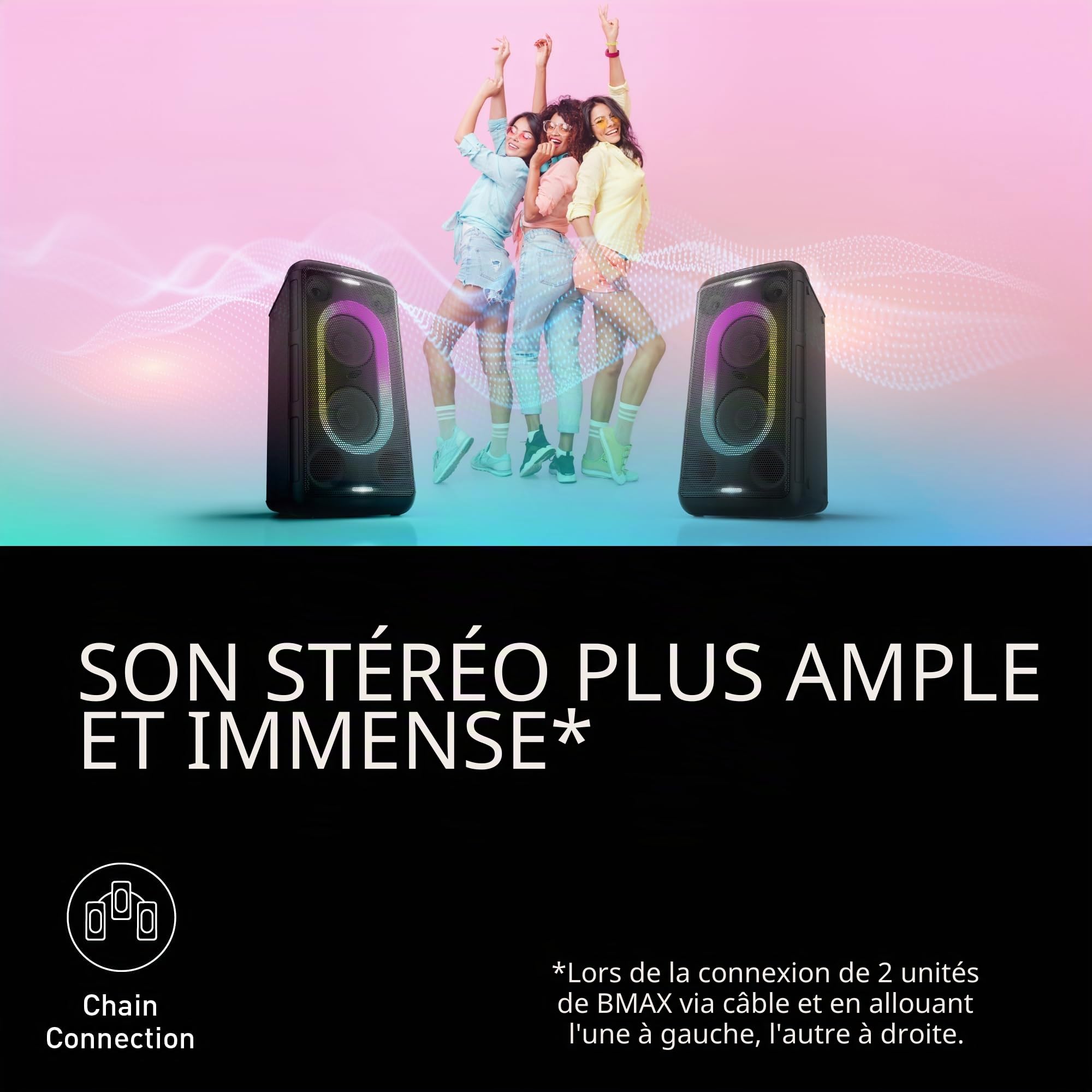 Panasonic SC-BMAX10E-K Enceinte de Fête Portable avec Bluetooth, Lumières Intégrées, 150W, USB, Entrée Optique pour TV, Entrées Guitare et Micro pour Karaoké, Noir