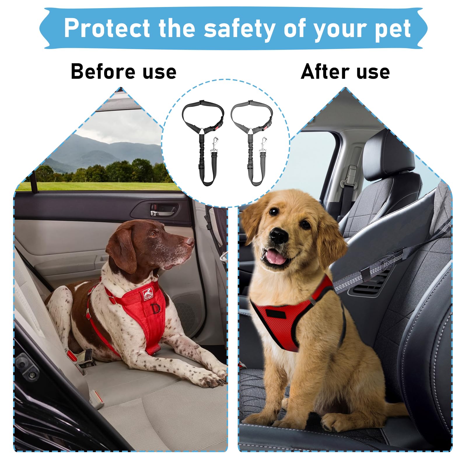 2PCS Ceinture Chien Voiture,Ceinture Securite Chien Voiture,Ensemble de Harnais Universelle, avec Absorption des Chocs, Réglable de 28 à 33 Pouces(Noir,Gris)