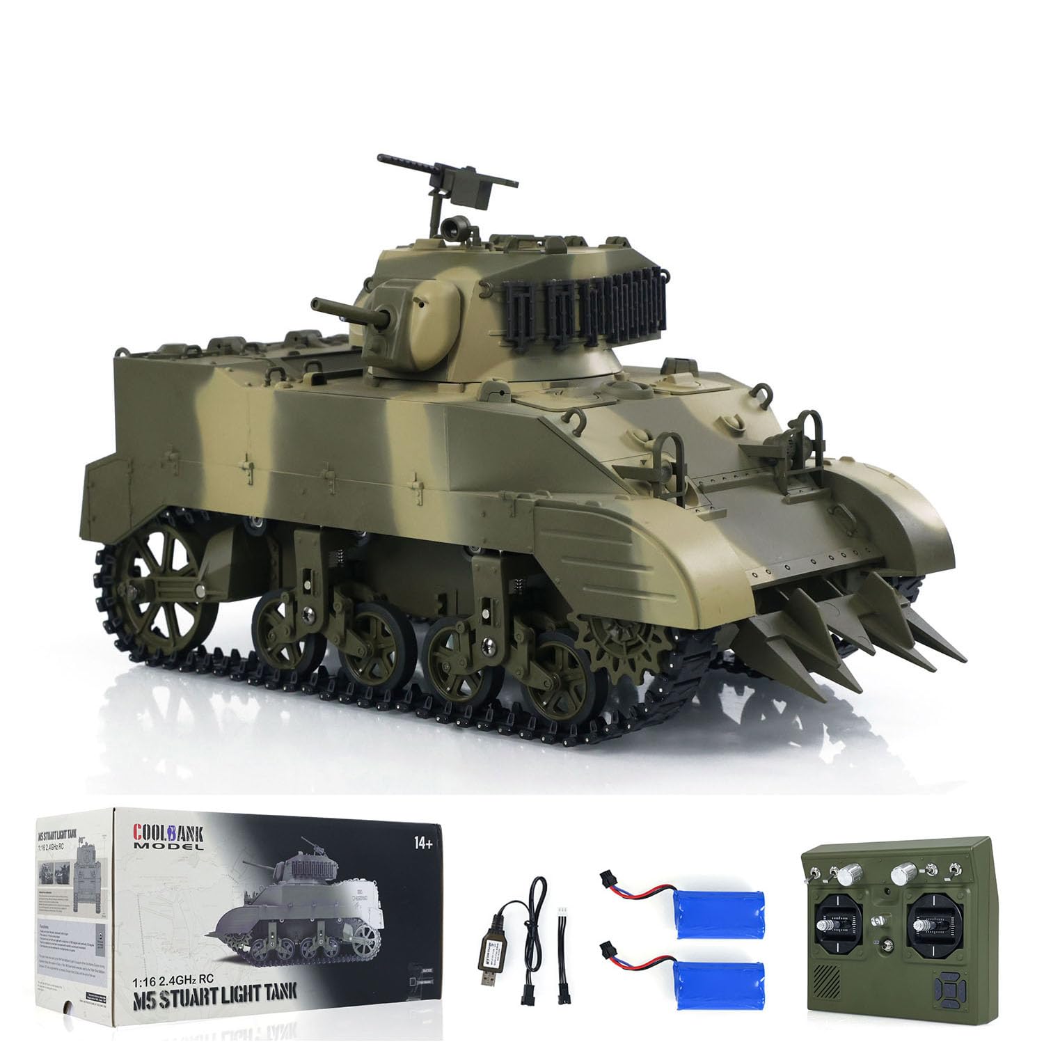 wheelfun Henglong 1/16 USA M5A1 Stuart VI RC Tank Remote RTR Light Smoking Lipo Battery Hobby Grade Tank Model for Adult Hobby