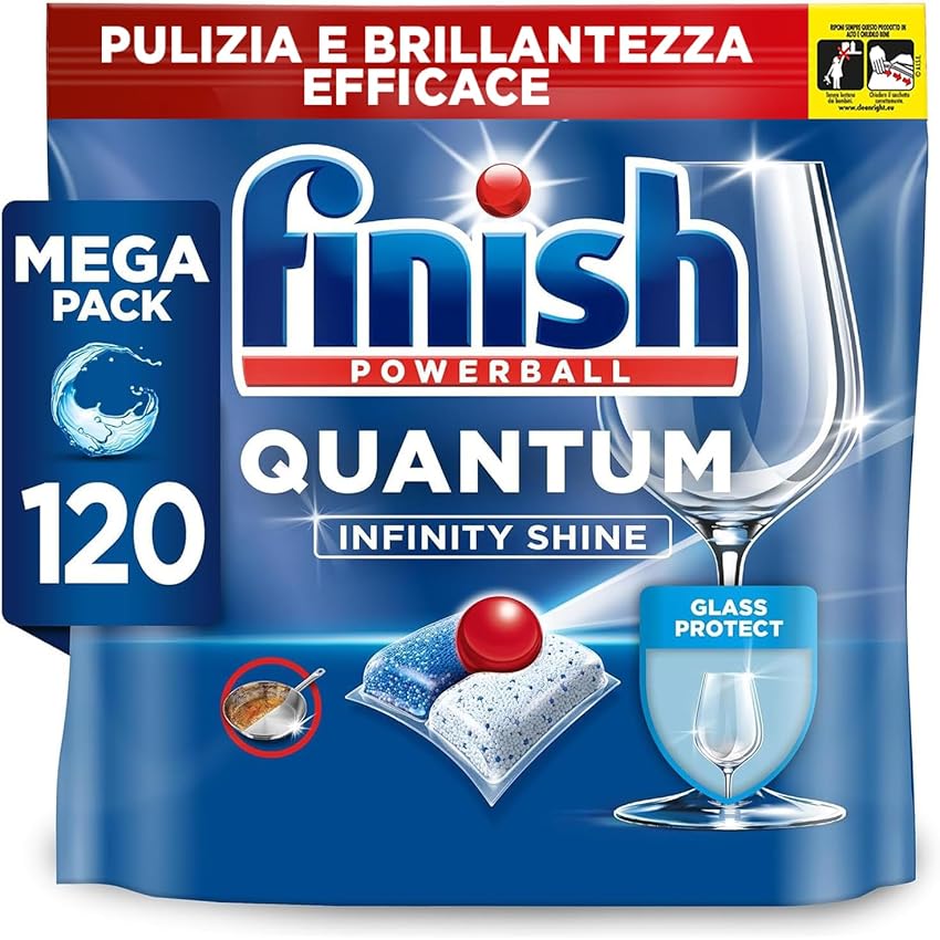 Finish Quantum Infinity Shine Pastiglie Lavastoviglie, 120 Capsule Lavastoviglie, Detergenti per Lavastoviglie per una Pulizia e Brillantezza Efficace