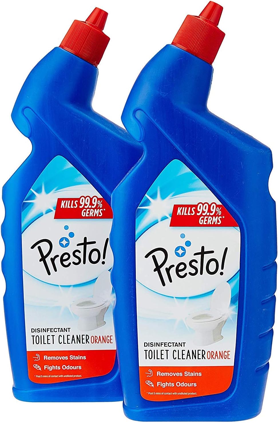 - Amazon Brand - Presto! Disinfectant Toilet Cleaner Liquid | Orange | 2 Litre | 1 L x 2 Packs | Kills 99.9% Germs | Removes Stains | Indian & Western Toilets | Fights Odours | Cleans, Disinfects