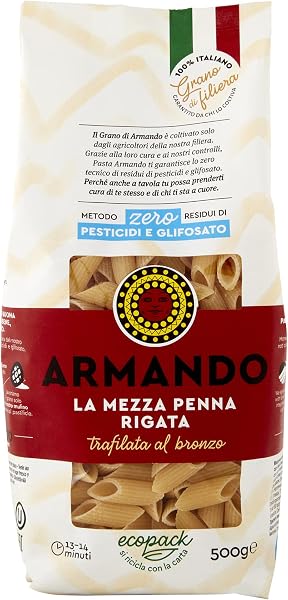 Armando, La Mezza Penna Rigata, Pasta Trafilata al bronzo di Semola di Grano Duro di Filiera 100% Italiano - 1 confezione da 500 gr - 1
