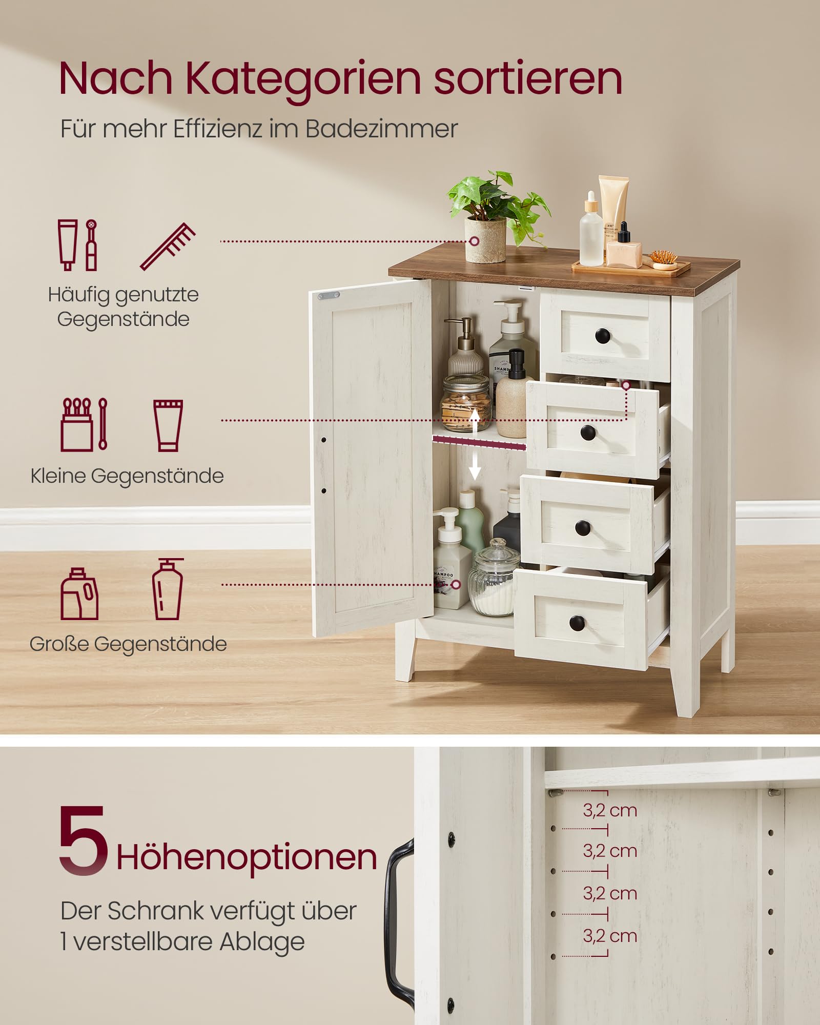 VASAGLE LIRY Kollektion - Aufbewahrungsschrank, Badezimmerschrank im Landhausstil, mit 4 Schubladen, Tür, freistehender Schrank, verstellbare Ablagen, vintageweiß BBK753W01