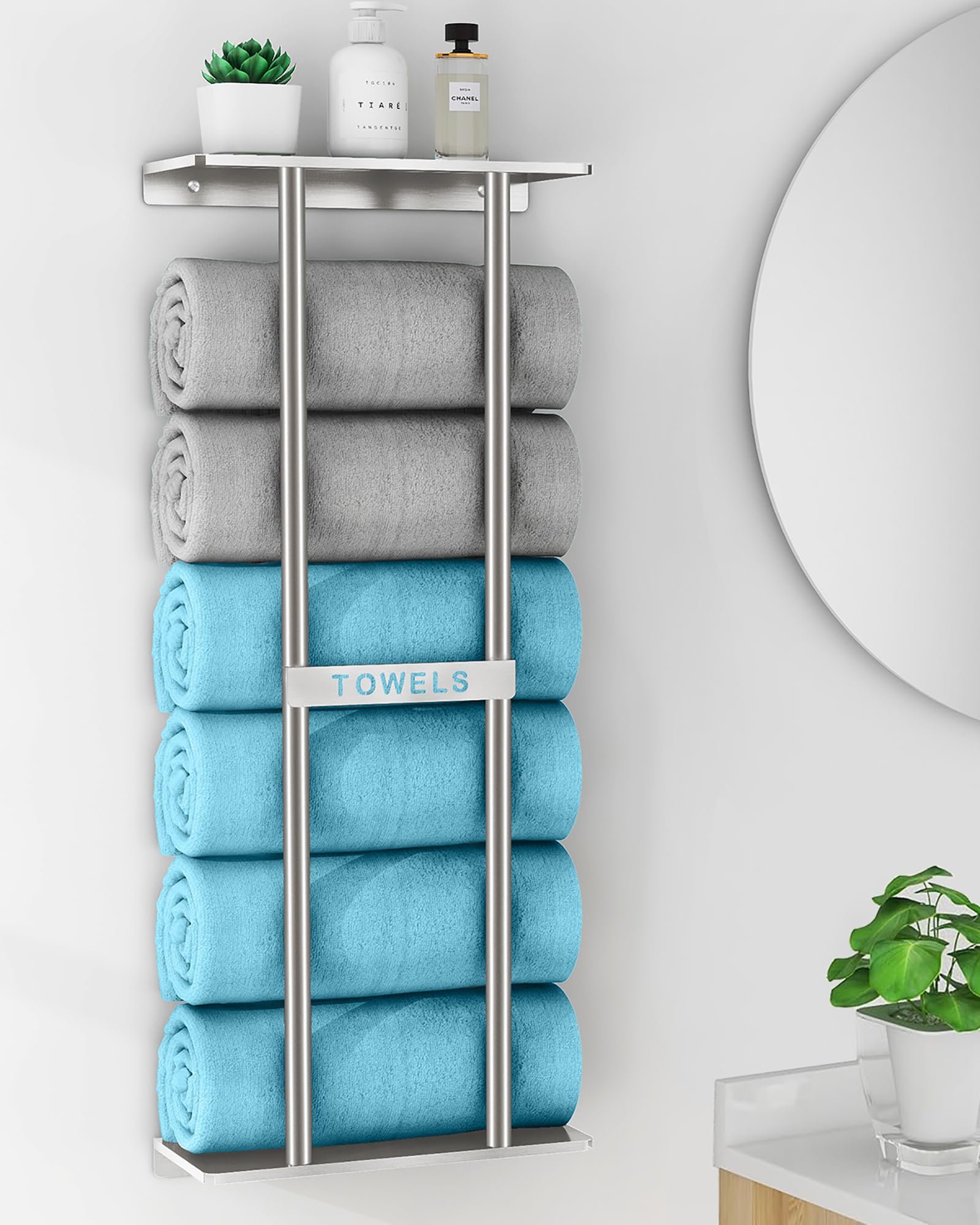 STWWO Toallero de Baño de Pared 76cm Toallero Vertical con Estante Plata Almacenamiento para Toallas enrolladas Baño Soporte para Toallas de Mano Grandes Toallas de Playa, Metal