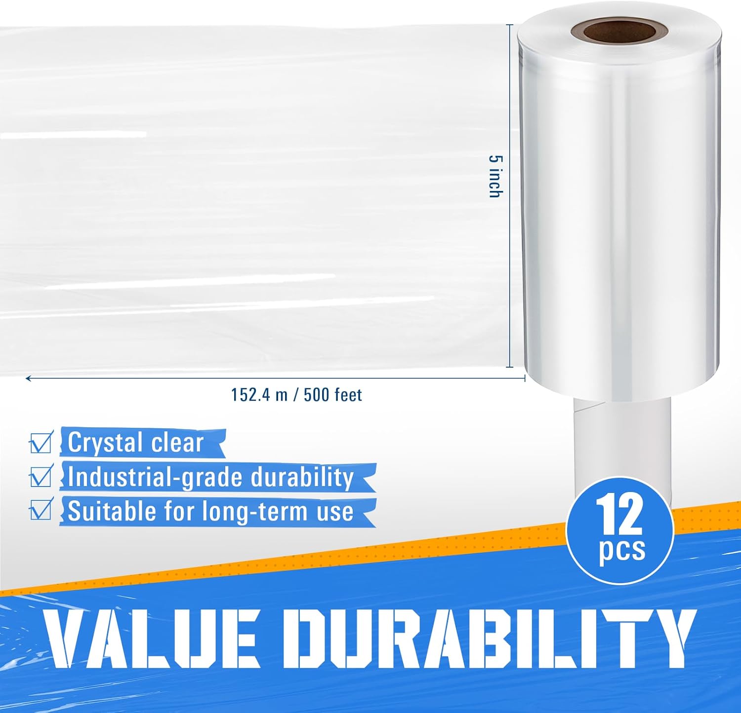 Frienda 12 Pcs 5 Inch Plastic Stretch Wrap Film Roll 500ft Clear Mini Moving Plastic Wrap Roll with Handle 80 Gauge Shrink Wraps Industrial Strength Shrink Film for Moving, Packing, Self Adhering