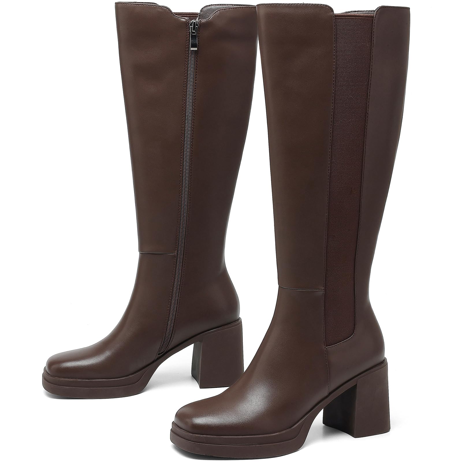 Knee High Boots for Women Square Toe Side Zipper Boots with 3 Inch Chunky Block Heel and Platform