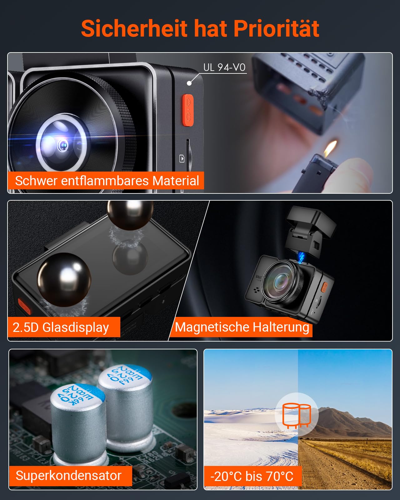 VANTRUE E2 2.7K+2.7K Dashcam Auto vorne hinten 5GHz WiFi 9MB/S GPS, Fernbedienung Sprachbefehle Dash cam Dual 1944P/1440P WDR Nachtsicht Puffer Parkmodus Auto Kamera, 2.45’’ 320° G Sensor, max. 512GB