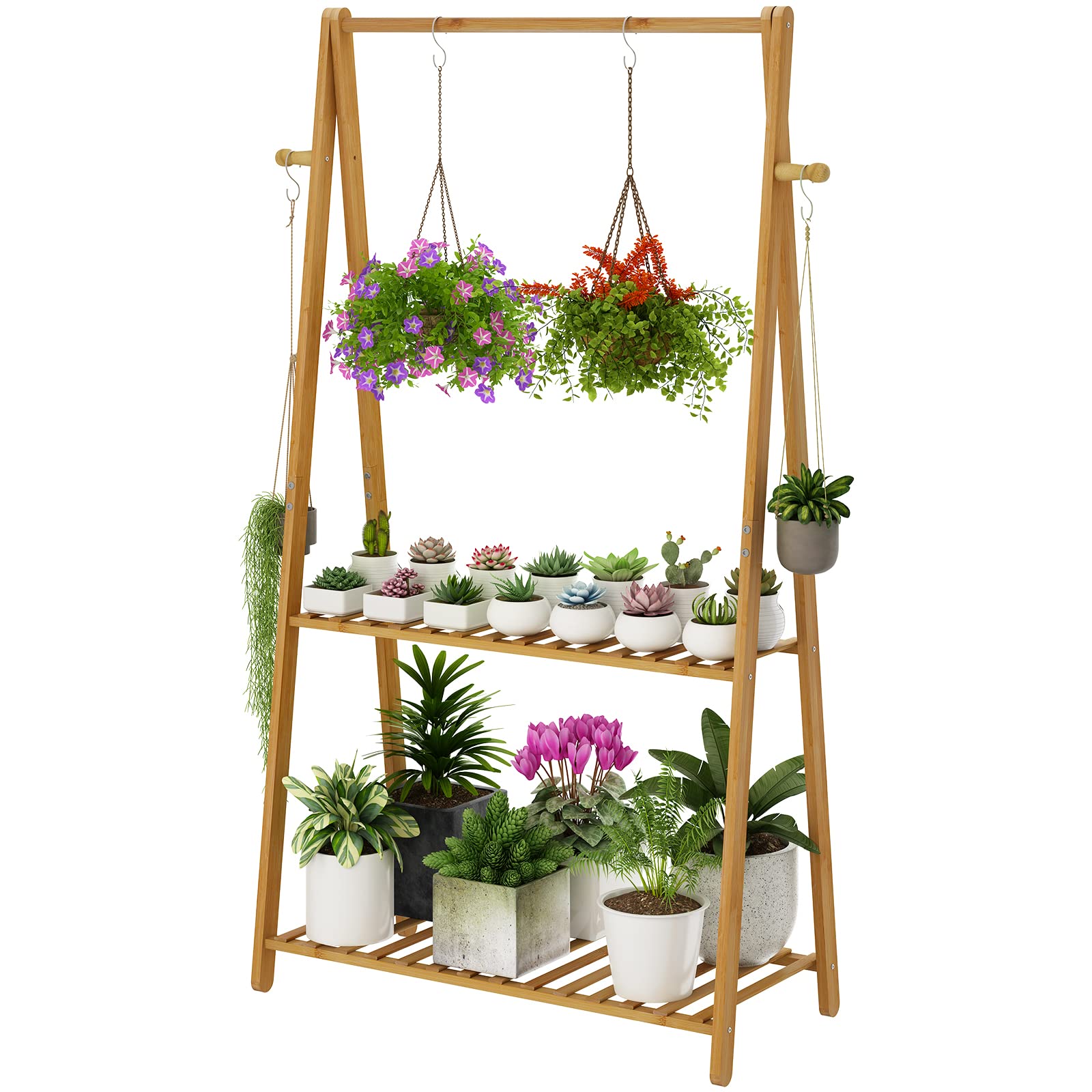 Tovacu Hanging Plant Shelf Indoor Outdoor Plant Stands Wood Flower Stand 2 Tiered Bamboo Plant Shelves Holder Rack for Patio Balcony Garden (Tall,50 inch)