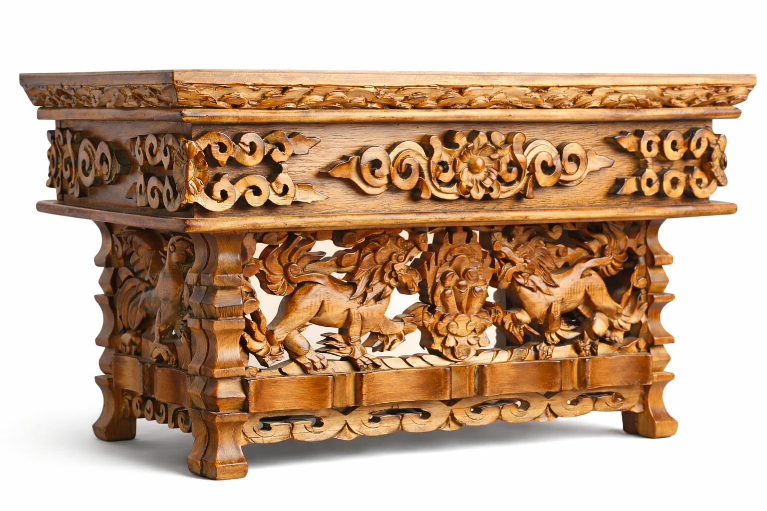 Photo 1 of Tribe Azure Fair Trade Small Snow Lion Altar Table, Hand Carved Wooden Table with Majestic Garuda, 16 in x 9 in x 9 in
