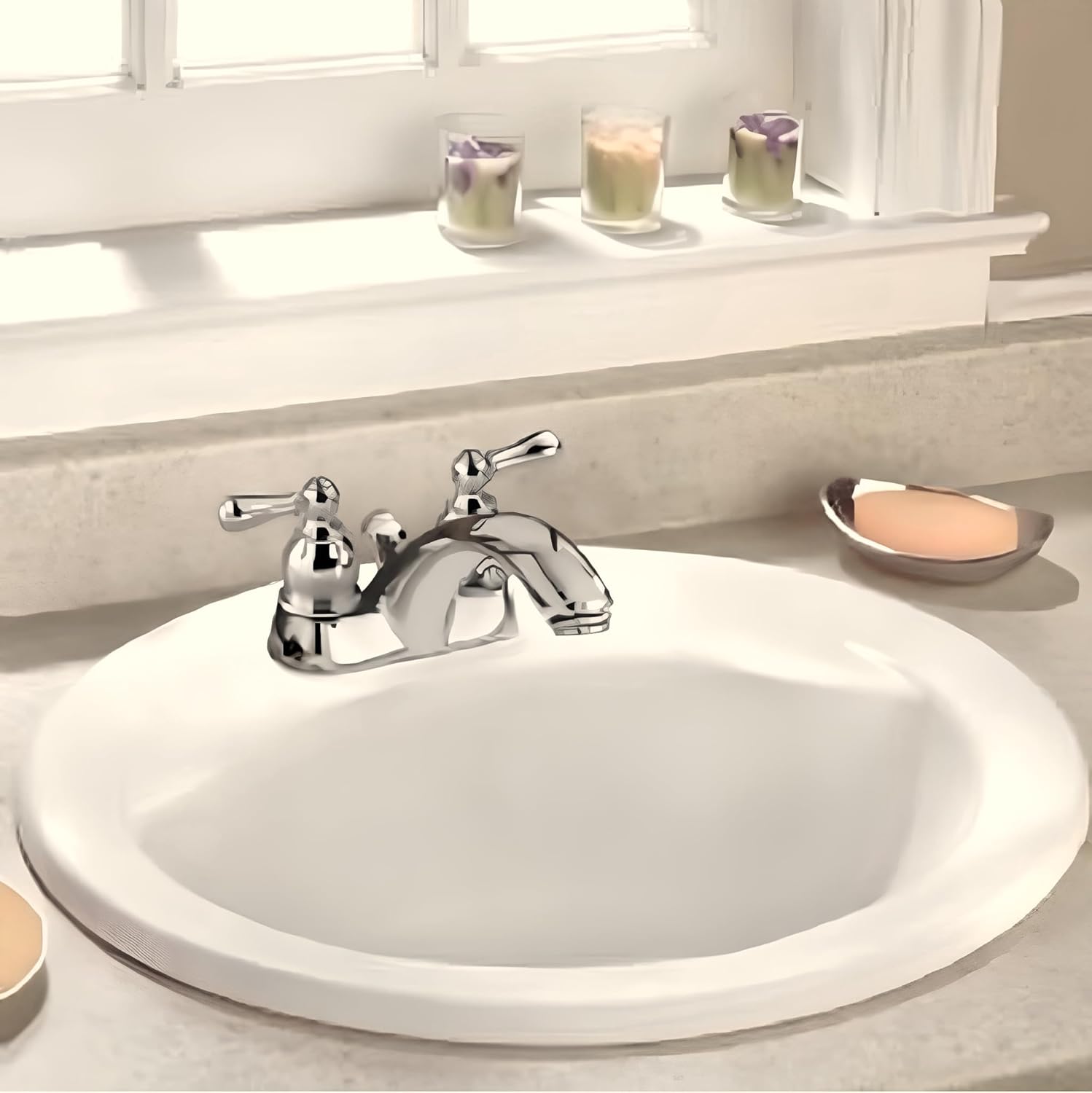 VitreousPro 21"x17-5/8" Oval Self-Rimming Countertop Bathroom Sink – White Vitreous China, 3-Hole (4" Widespread) Faucet Compatible, Front Overflow, Space-Saving Design