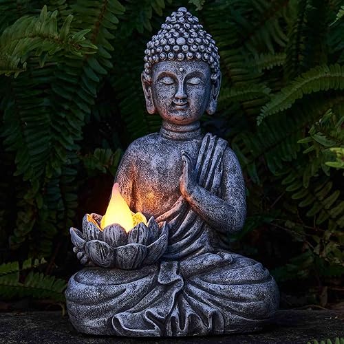 Miniatura 5 de Estatua solar de Buda – Escultura Zen al aire libre con luz LED parpadeante – Regalo de decoración de jardín impermeable – 11.81 pulgadas