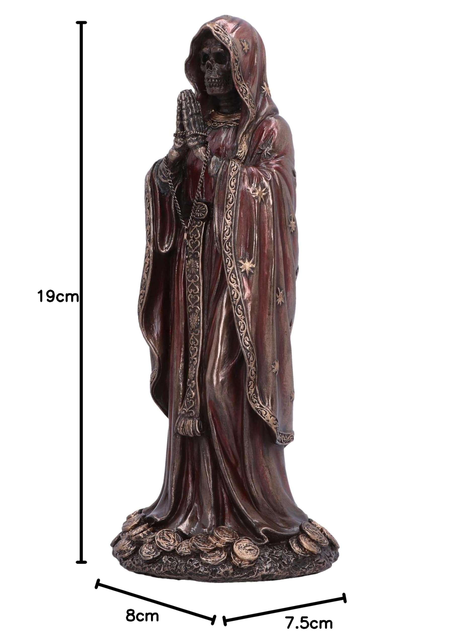 Nemesis Now Santisima Muerte - Statuetta in resina, 19 cm, rosso/bronzo, raffigurante il santo della morte in preghiera, in resina di alta qualità, sapientemente dipinta a mano