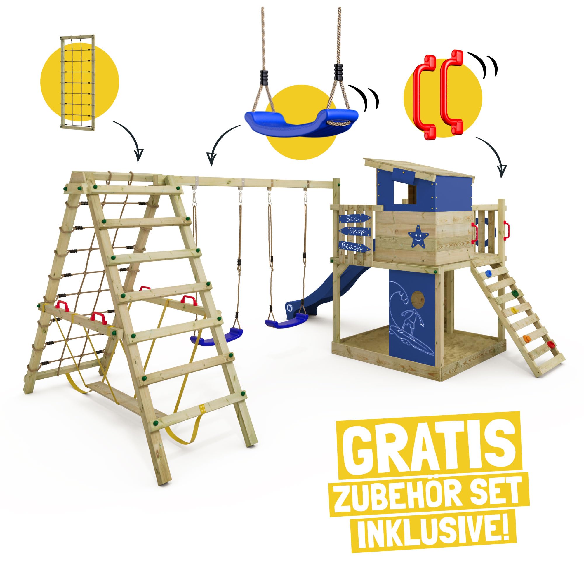 WICKEY Spielturm Smart Surf Klettergerüst, Anthrazit | Mit Schaukel & Rutsche, Sandkasten, Leiter & Spiel-Zubehör, Outdoor für Garten