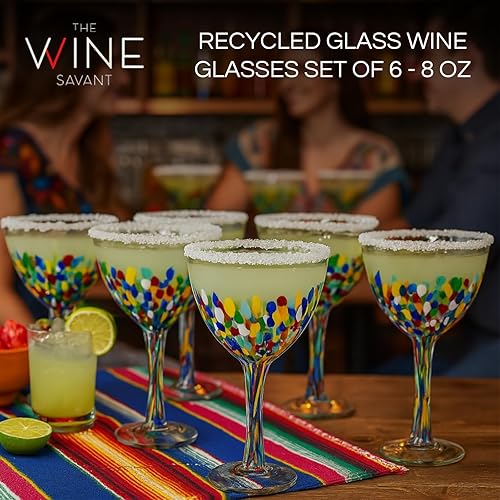 Miniatura 2 de Copas de vino de vidrio reciclado, juego de 6 unidades, sopladas a mano de lujo para vino y agua (8 onzas cada una) - Copas de confeti de Cinco de