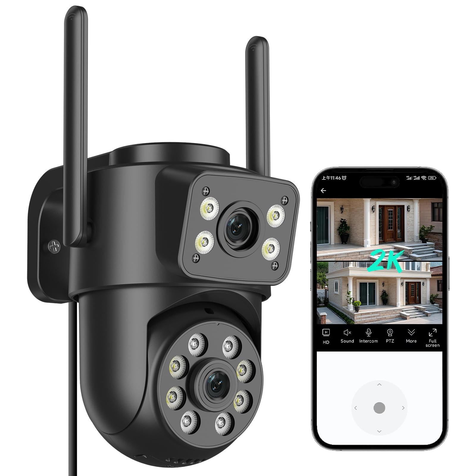 Reobiux 2K PTZ Telecamera Wi-Fi Esterno con Doppia Lente, 1 Pack | Visione Notturna, Risoluzione HD, Tracciamento Automatico, Allarme Sonoro e Luminoso, Impermeabile IP66, Tecnologia PTZ