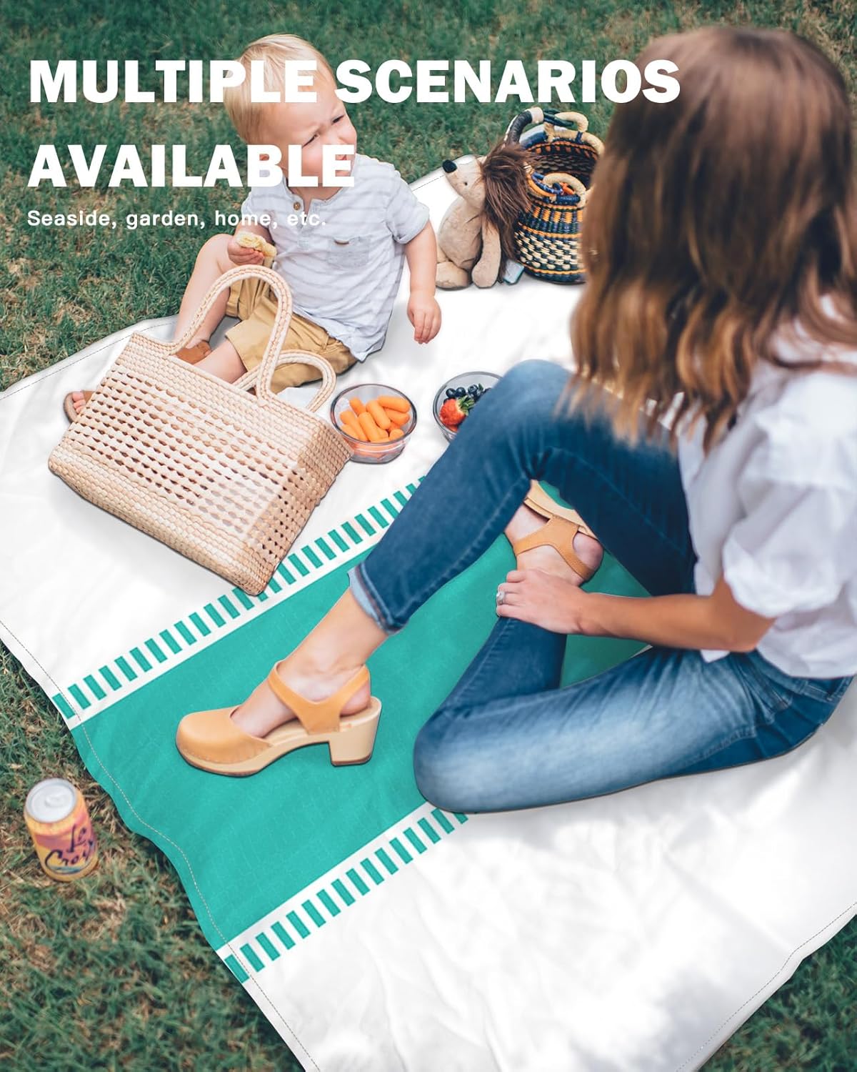 Classic Teal Stripes on White Beach Blanket Waterproof Sandproof Outdoor Picnic Mat 108"x84" Modern Texture Lightweight Large Beaach Blankets with 4 Stake & 4 Corner Pockets