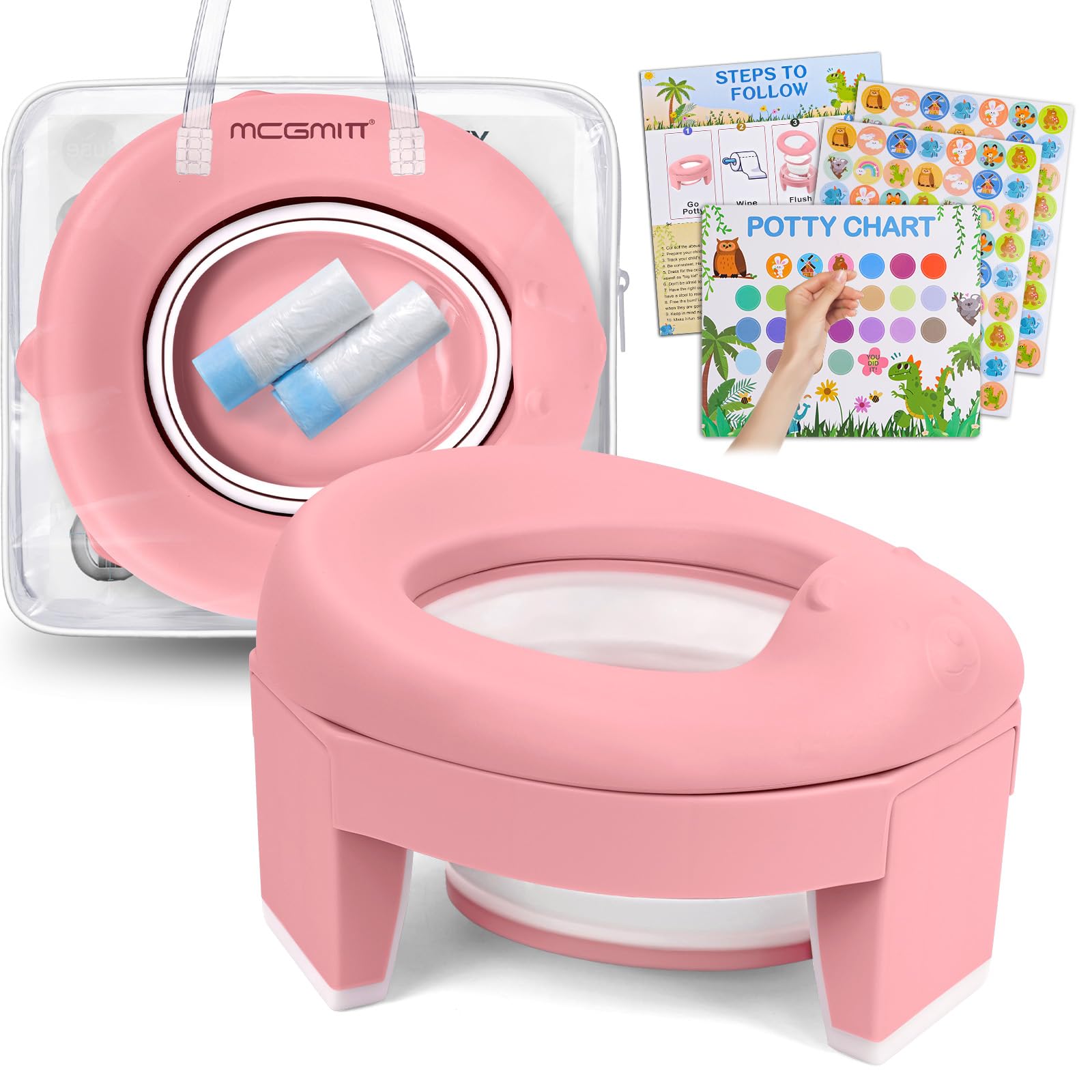 MCGMITT Portable Potty Seat for Kids Travel - Foldable Training Toilet Chair for Toddler Girls with Storage Bags for Outdoor and Indoor Easy to Clean(Pink)