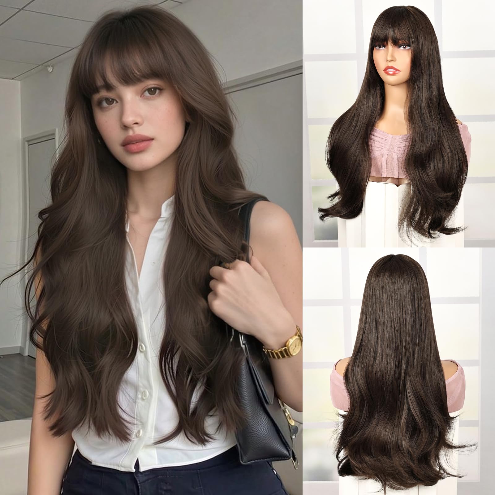 Creamily 23 inch Long Straight Hair Wig for Women Girls Brown, | Full Head, Natural, Artificial Hair, Synthetic, With Bang, Daily Use-image-23